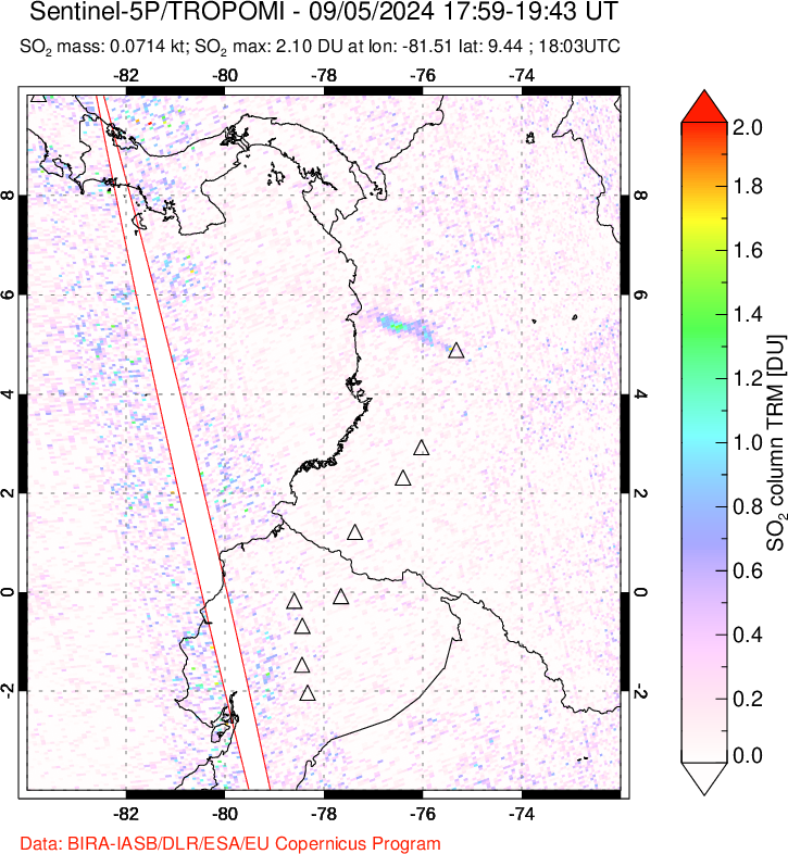 A sulfur dioxide image over Ecuador on Sep 05, 2024.