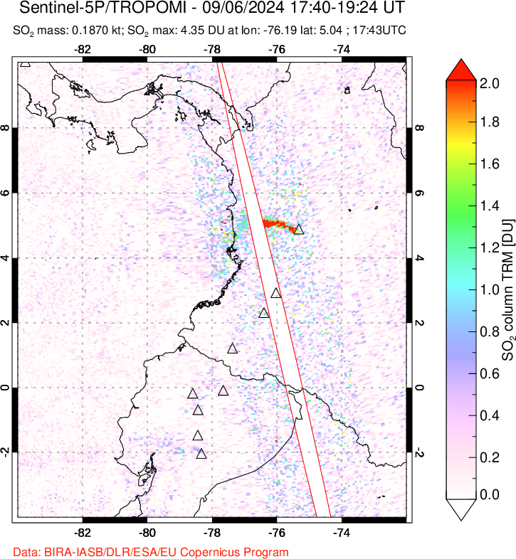 A sulfur dioxide image over Ecuador on Sep 06, 2024.