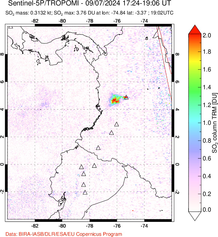 A sulfur dioxide image over Ecuador on Sep 07, 2024.