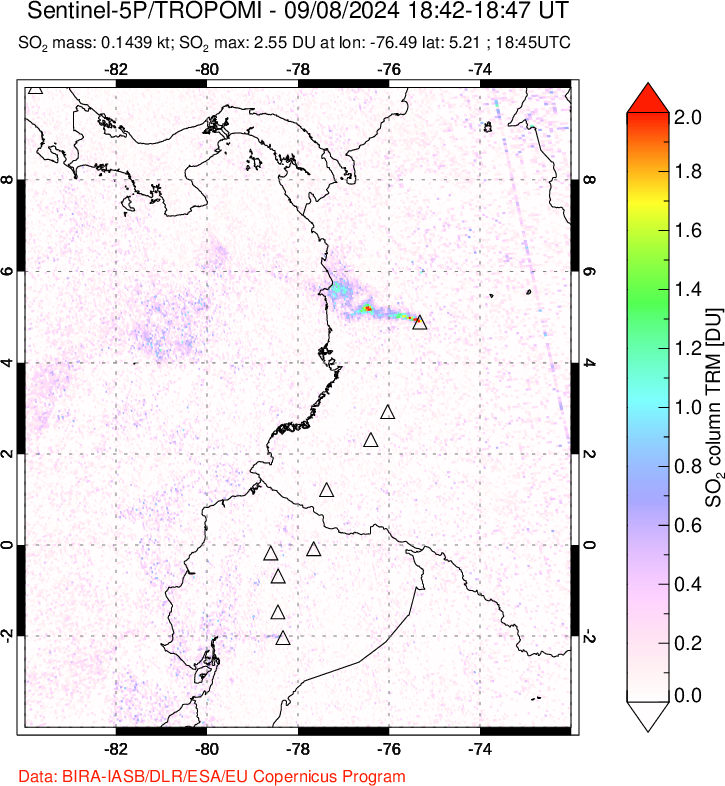 A sulfur dioxide image over Ecuador on Sep 08, 2024.