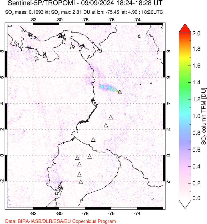 A sulfur dioxide image over Ecuador on Sep 09, 2024.