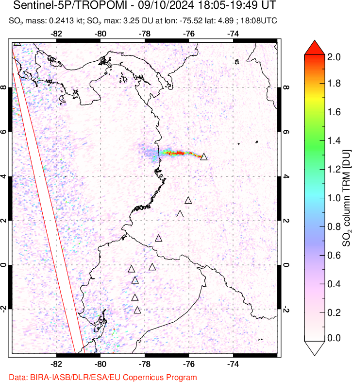 A sulfur dioxide image over Ecuador on Sep 10, 2024.