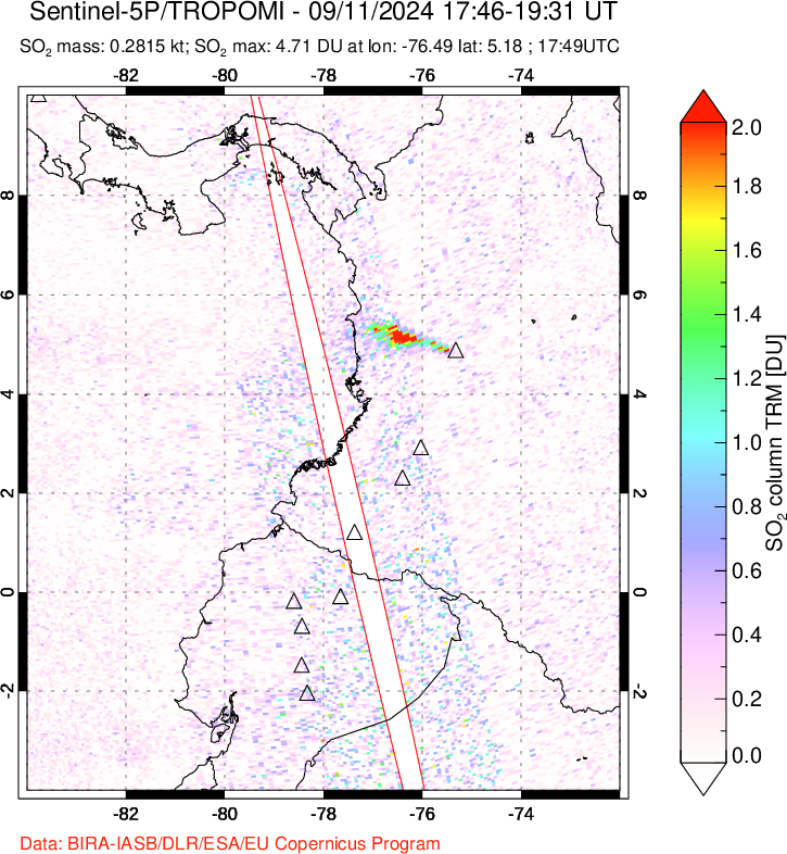 A sulfur dioxide image over Ecuador on Sep 11, 2024.