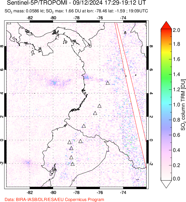 A sulfur dioxide image over Ecuador on Sep 12, 2024.