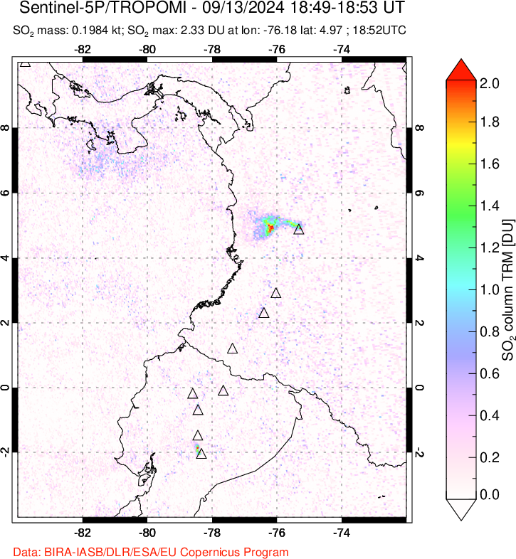 A sulfur dioxide image over Ecuador on Sep 13, 2024.