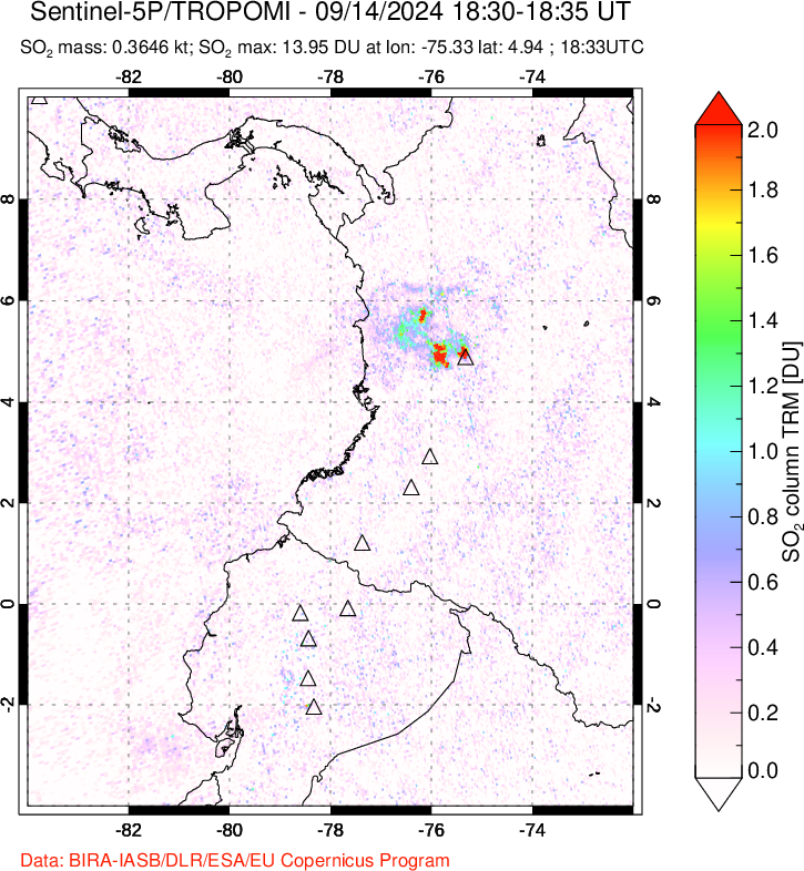 A sulfur dioxide image over Ecuador on Sep 14, 2024.