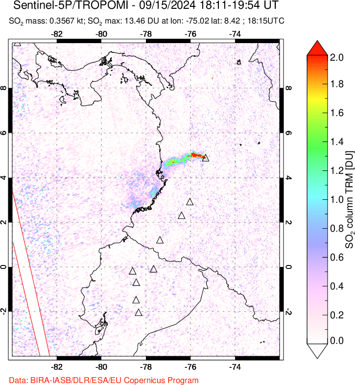 A sulfur dioxide image over Ecuador on Sep 15, 2024.