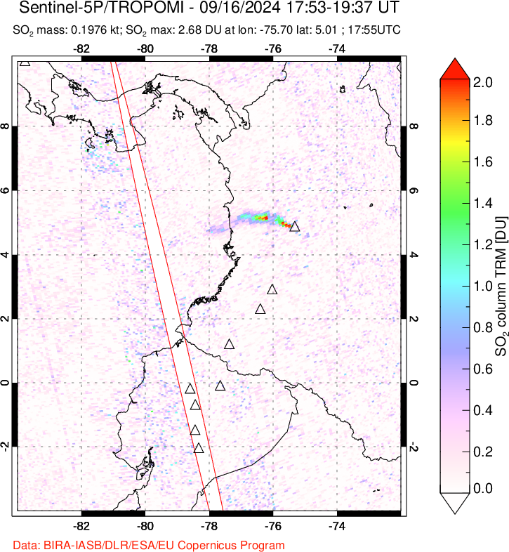 A sulfur dioxide image over Ecuador on Sep 16, 2024.