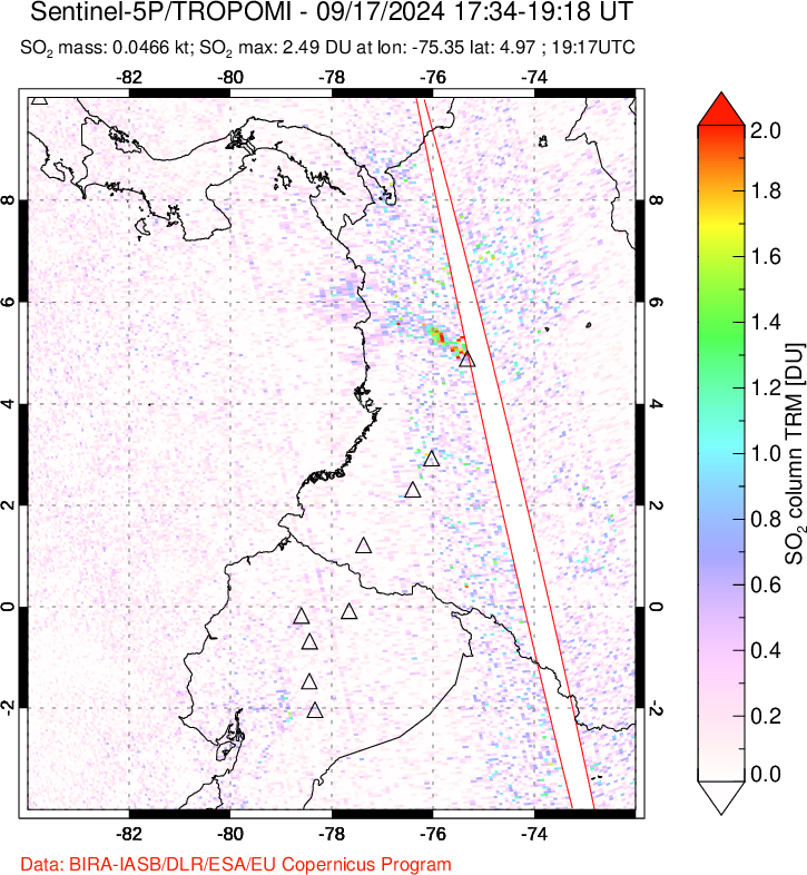 A sulfur dioxide image over Ecuador on Sep 17, 2024.