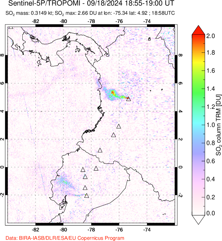 A sulfur dioxide image over Ecuador on Sep 18, 2024.