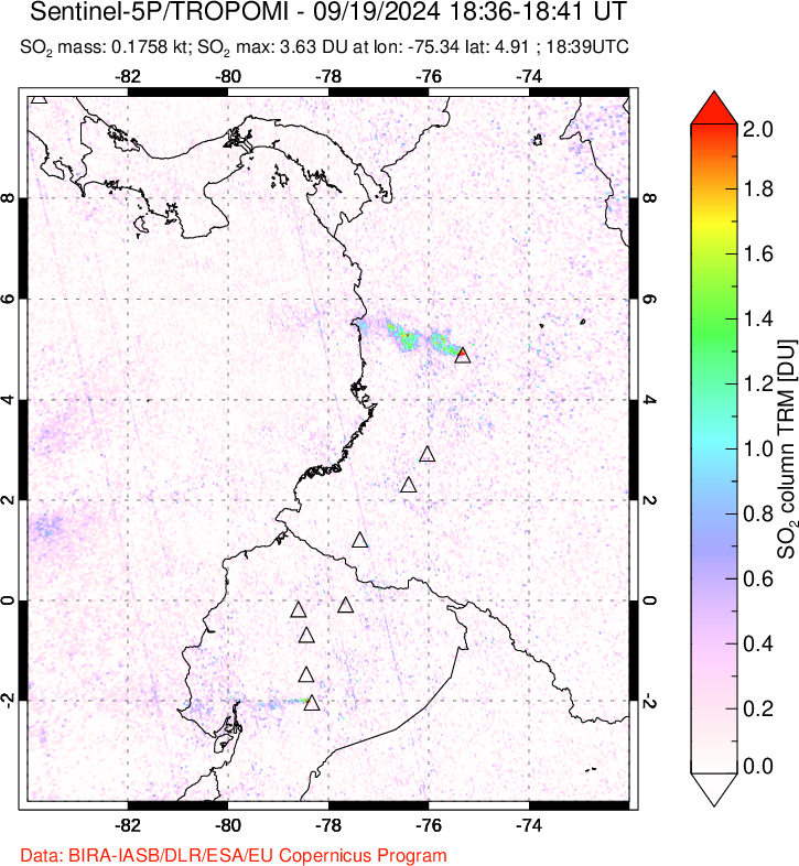 A sulfur dioxide image over Ecuador on Sep 19, 2024.