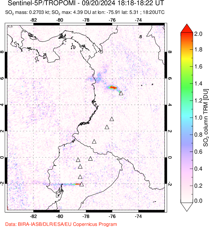 A sulfur dioxide image over Ecuador on Sep 20, 2024.