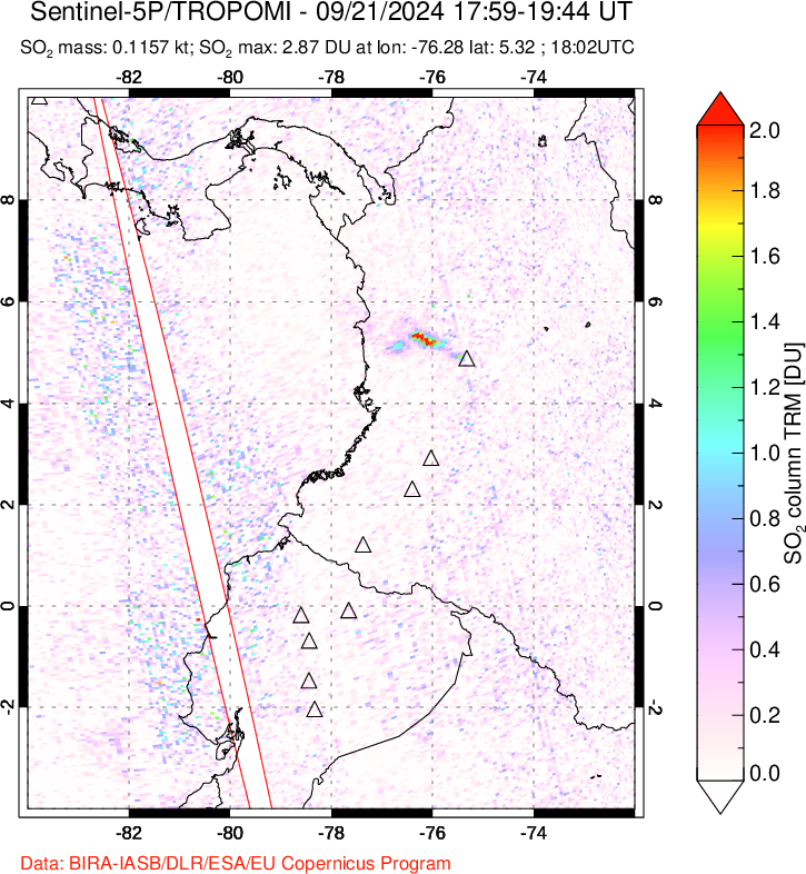 A sulfur dioxide image over Ecuador on Sep 21, 2024.