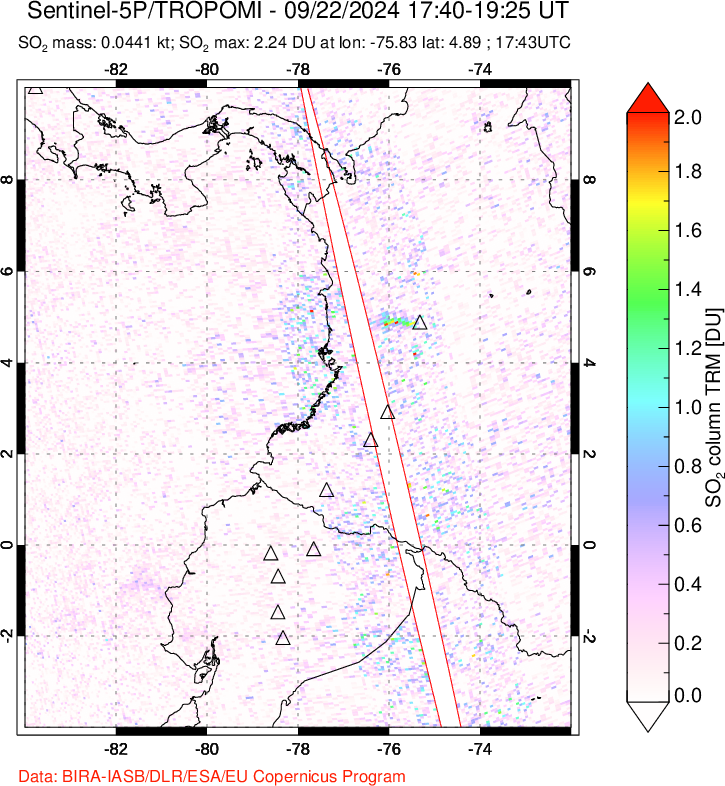 A sulfur dioxide image over Ecuador on Sep 22, 2024.