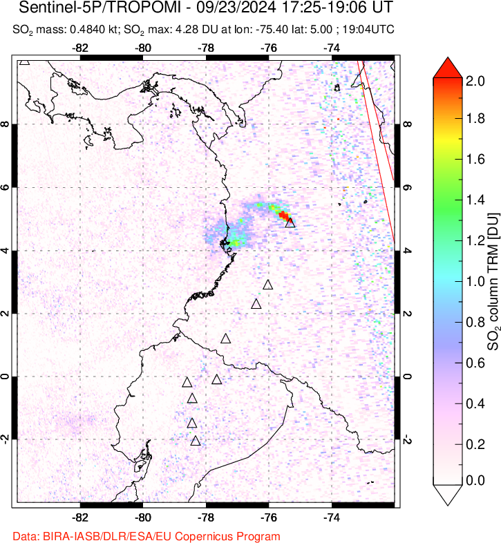 A sulfur dioxide image over Ecuador on Sep 23, 2024.