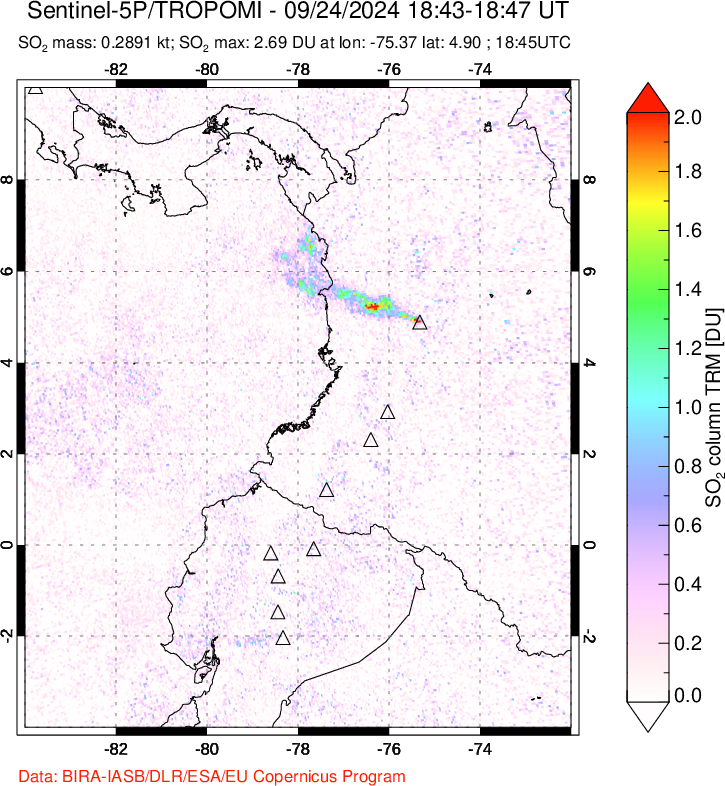 A sulfur dioxide image over Ecuador on Sep 24, 2024.