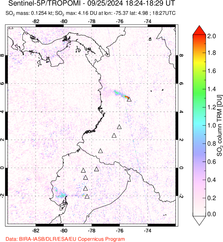 A sulfur dioxide image over Ecuador on Sep 25, 2024.