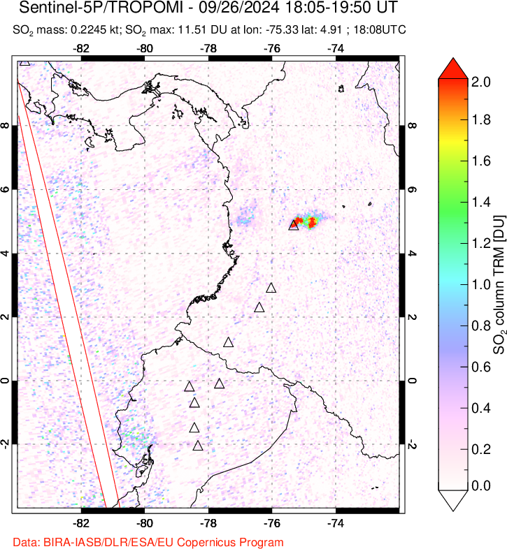 A sulfur dioxide image over Ecuador on Sep 26, 2024.