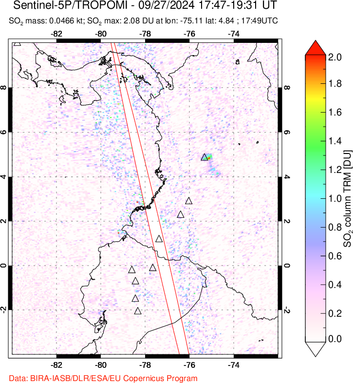 A sulfur dioxide image over Ecuador on Sep 27, 2024.