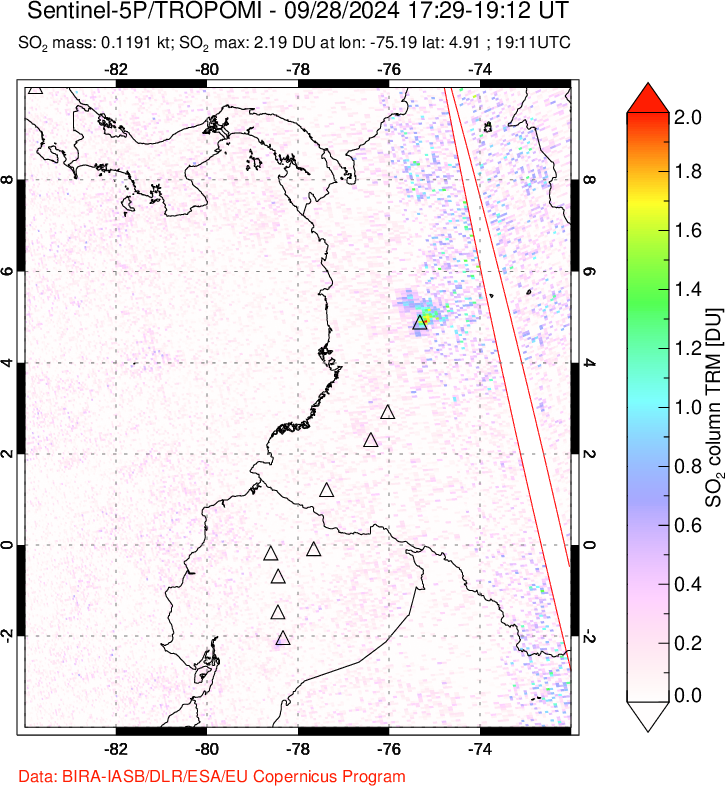 A sulfur dioxide image over Ecuador on Sep 28, 2024.