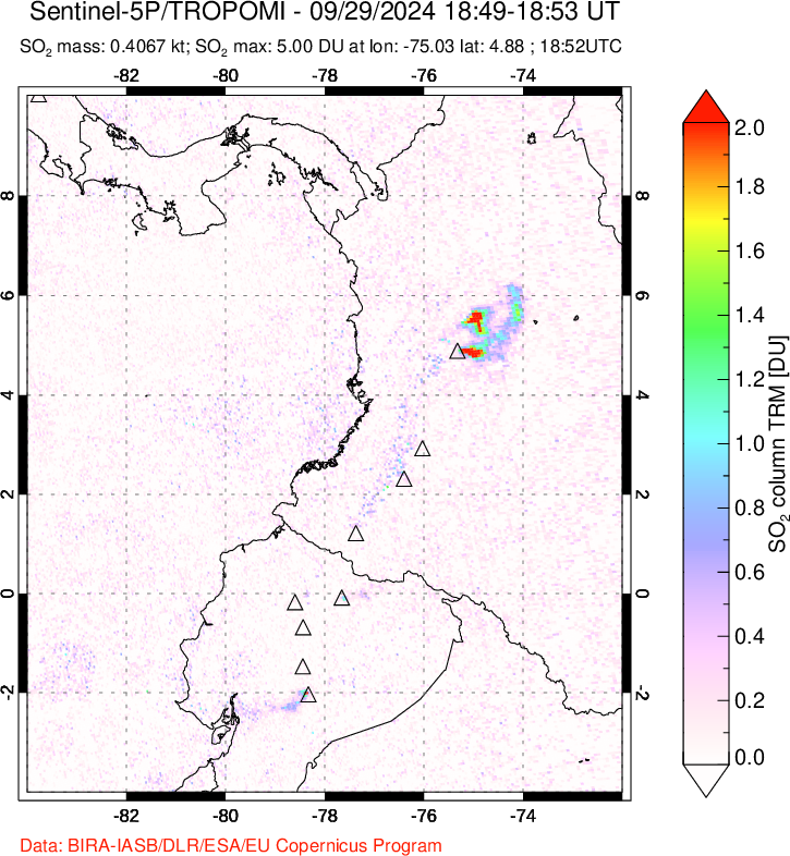 A sulfur dioxide image over Ecuador on Sep 29, 2024.