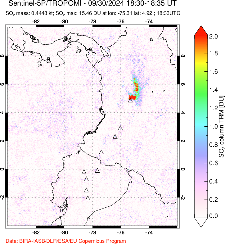 A sulfur dioxide image over Ecuador on Sep 30, 2024.