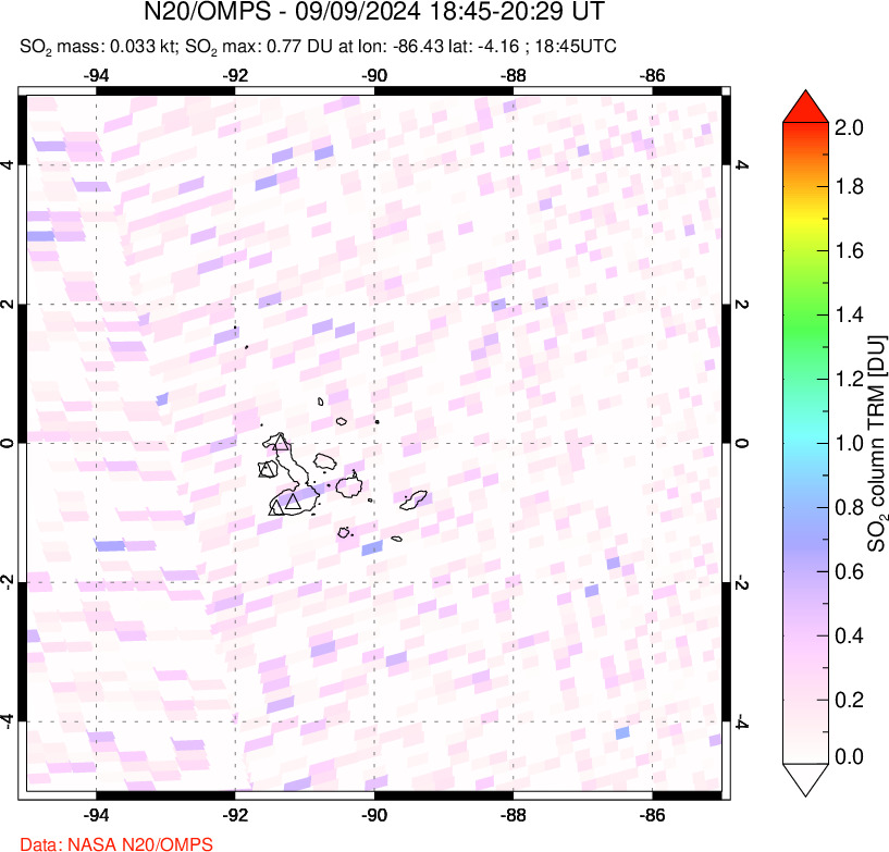 A sulfur dioxide image over Galápagos Islands on Sep 09, 2024.