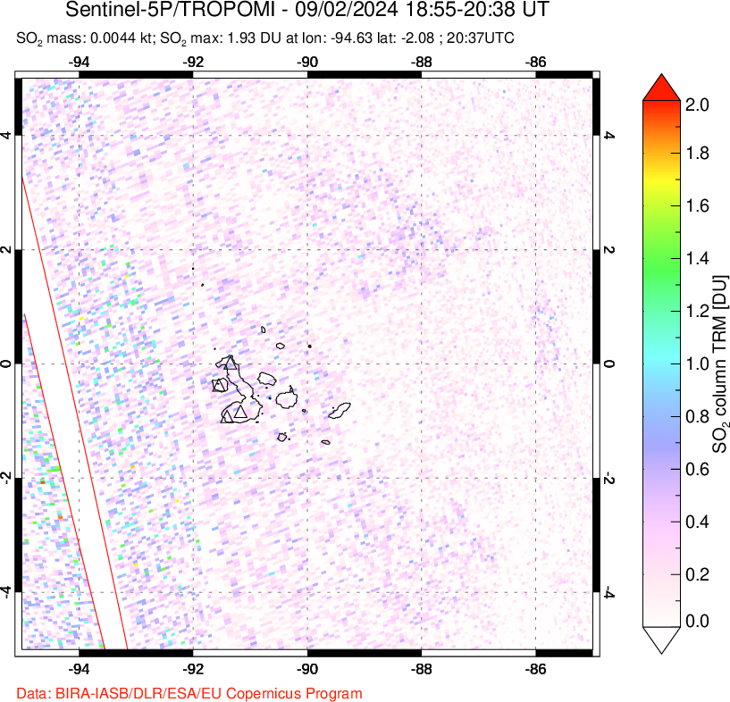 A sulfur dioxide image over Galápagos Islands on Sep 02, 2024.