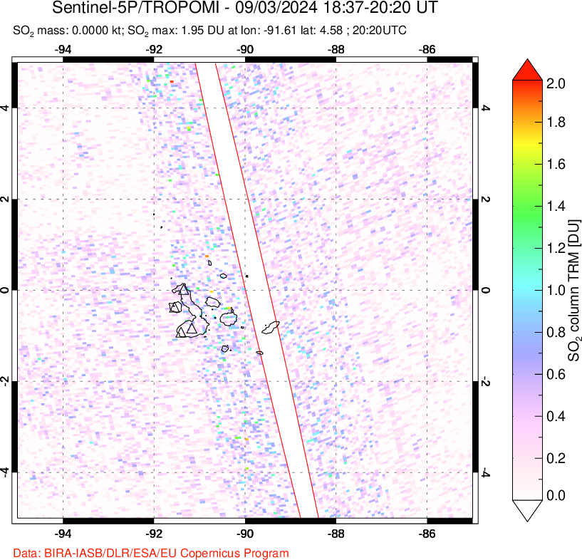 A sulfur dioxide image over Galápagos Islands on Sep 03, 2024.