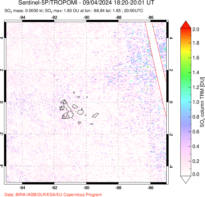 A sulfur dioxide image over Galápagos Islands on Sep 04, 2024.