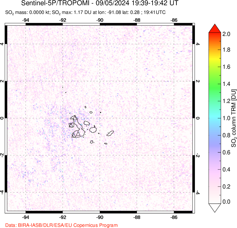 A sulfur dioxide image over Galápagos Islands on Sep 05, 2024.