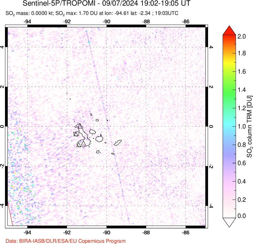 A sulfur dioxide image over Galápagos Islands on Sep 07, 2024.