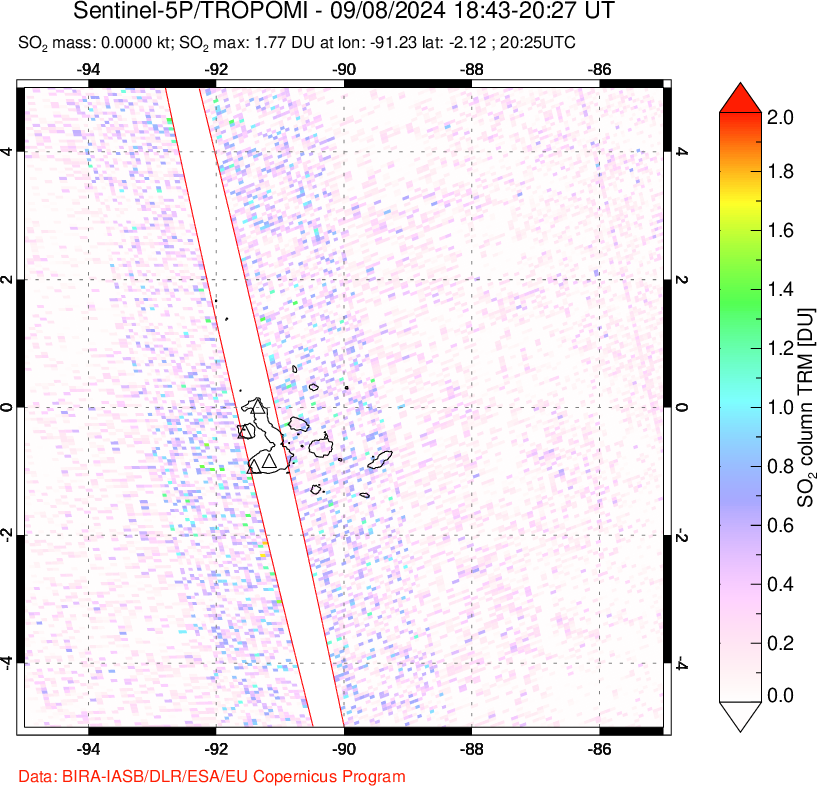 A sulfur dioxide image over Galápagos Islands on Sep 08, 2024.