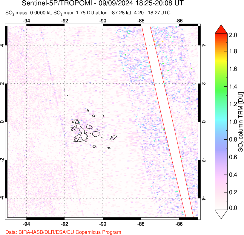 A sulfur dioxide image over Galápagos Islands on Sep 09, 2024.