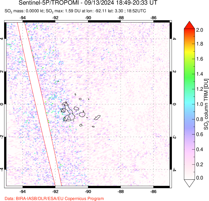 A sulfur dioxide image over Galápagos Islands on Sep 13, 2024.