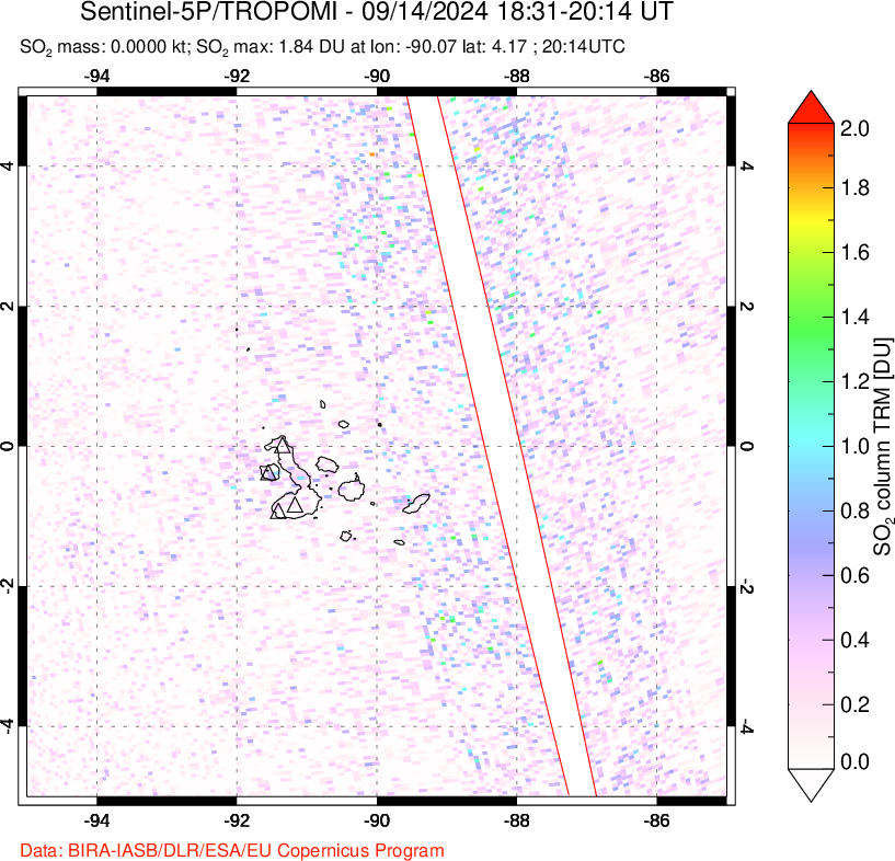 A sulfur dioxide image over Galápagos Islands on Sep 14, 2024.