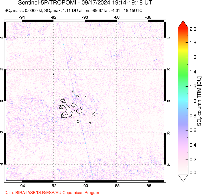 A sulfur dioxide image over Galápagos Islands on Sep 17, 2024.