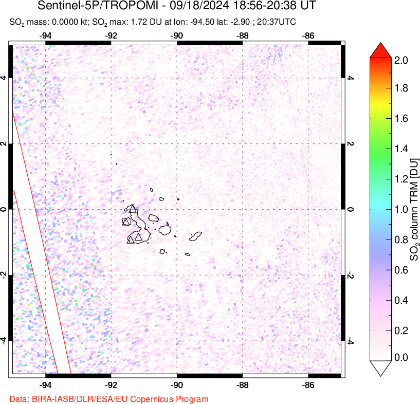 A sulfur dioxide image over Galápagos Islands on Sep 18, 2024.