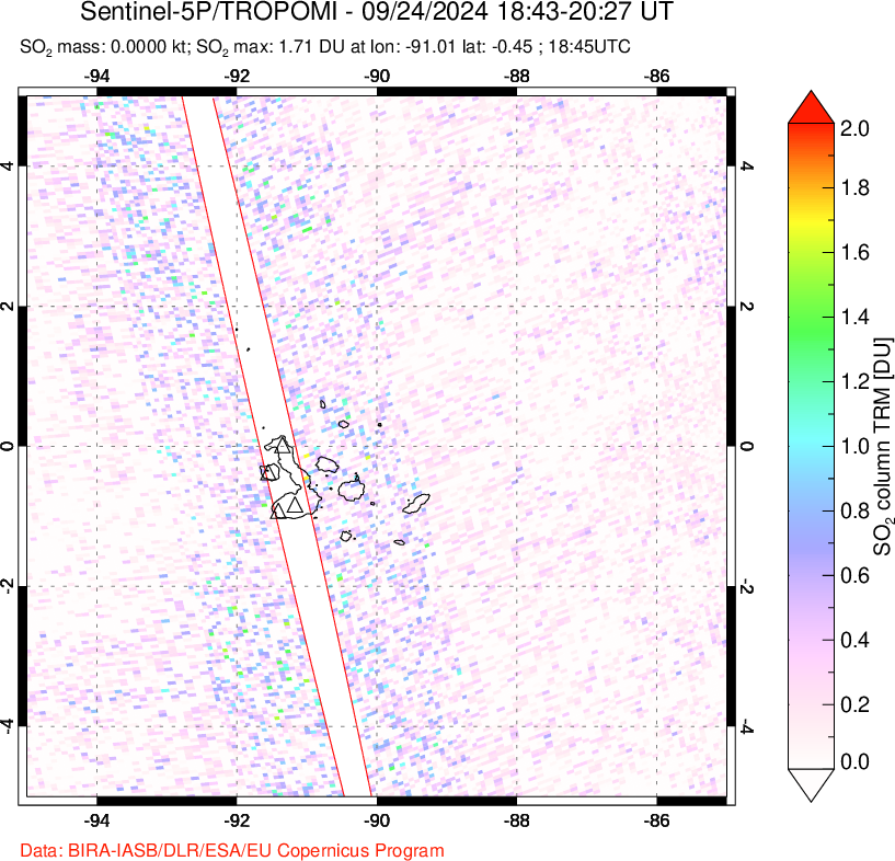 A sulfur dioxide image over Galápagos Islands on Sep 24, 2024.