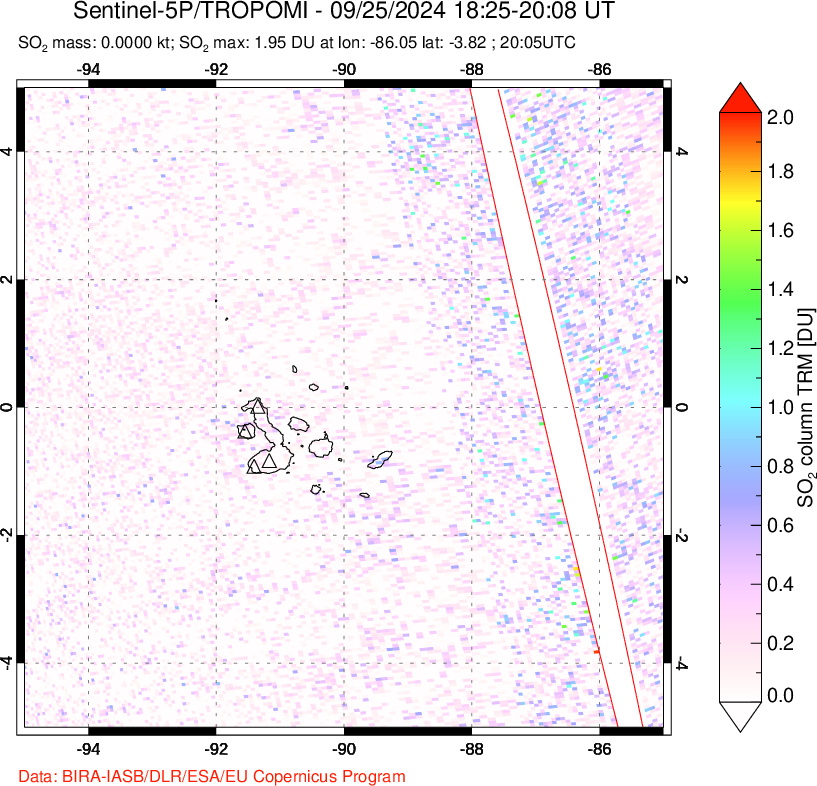 A sulfur dioxide image over Galápagos Islands on Sep 25, 2024.