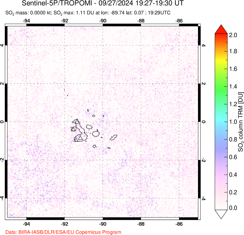 A sulfur dioxide image over Galápagos Islands on Sep 27, 2024.