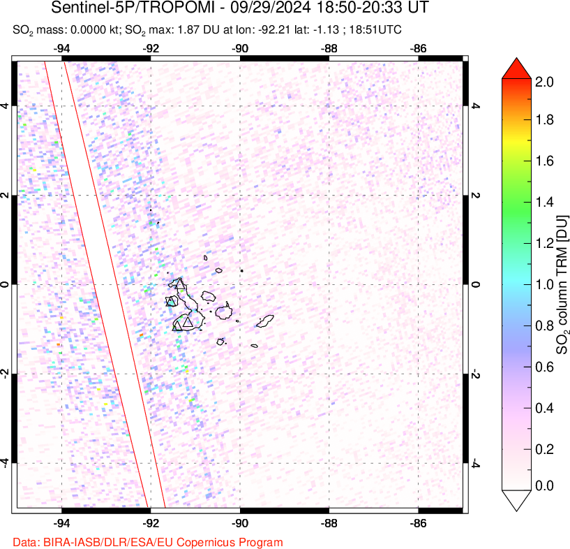 A sulfur dioxide image over Galápagos Islands on Sep 29, 2024.