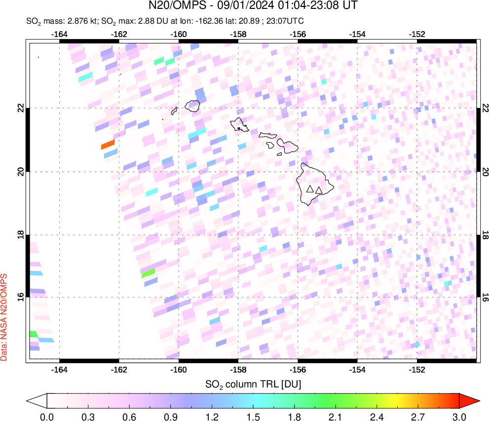 A sulfur dioxide image over Hawaii, USA on Sep 01, 2024.