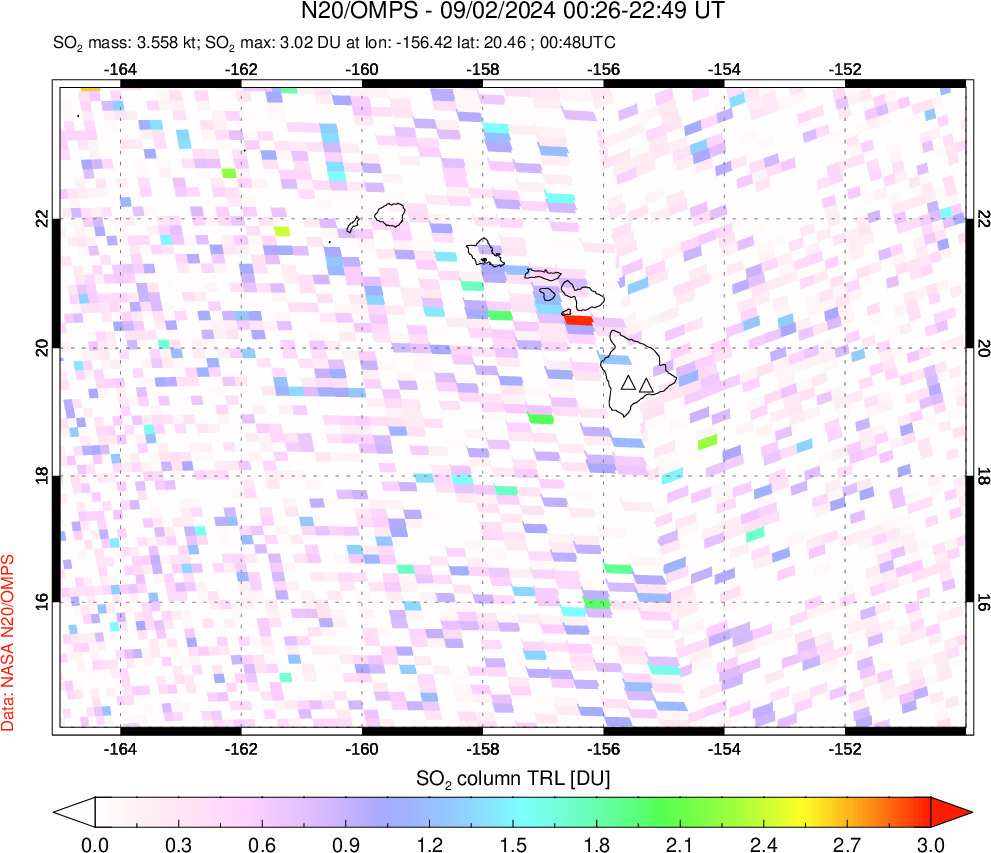 A sulfur dioxide image over Hawaii, USA on Sep 02, 2024.