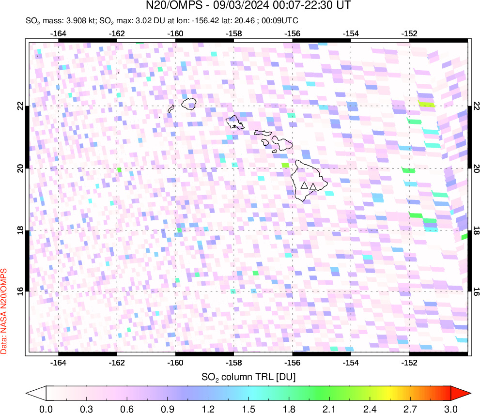 A sulfur dioxide image over Hawaii, USA on Sep 03, 2024.