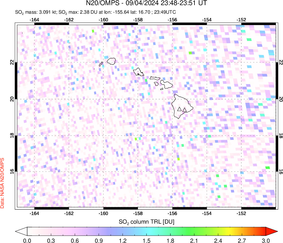 A sulfur dioxide image over Hawaii, USA on Sep 04, 2024.