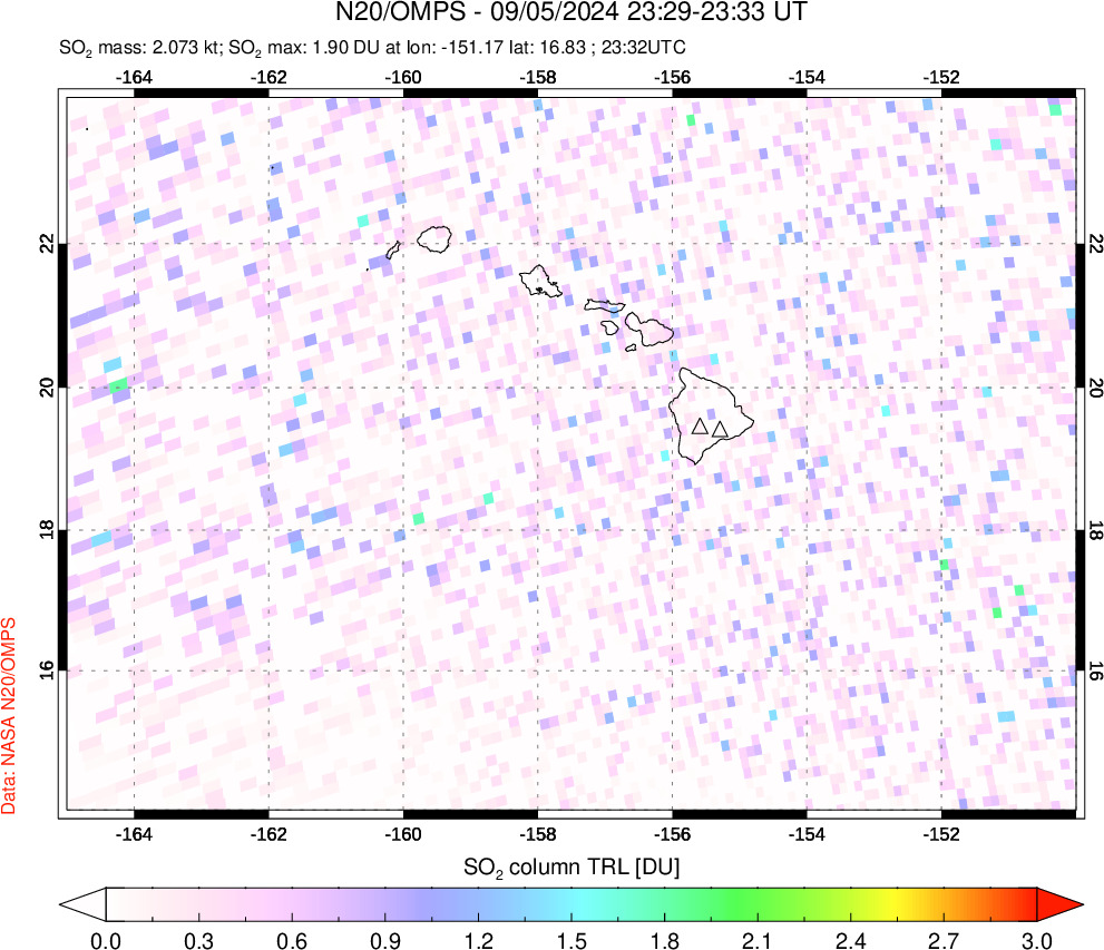 A sulfur dioxide image over Hawaii, USA on Sep 05, 2024.