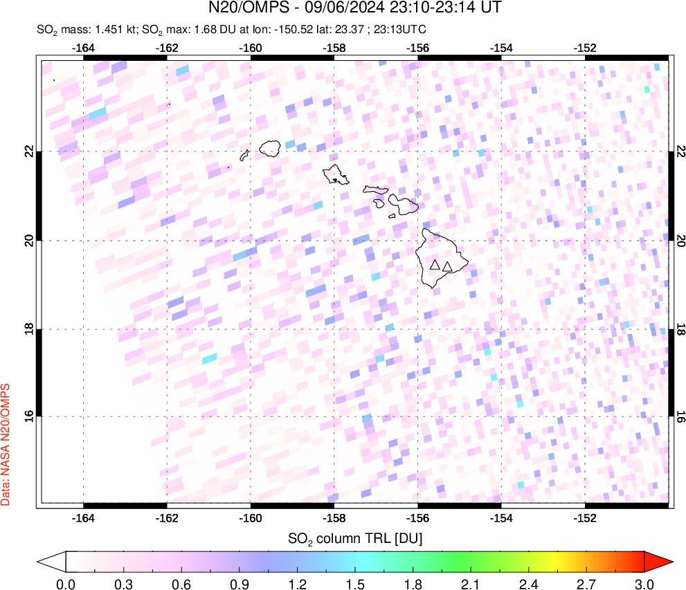 A sulfur dioxide image over Hawaii, USA on Sep 06, 2024.