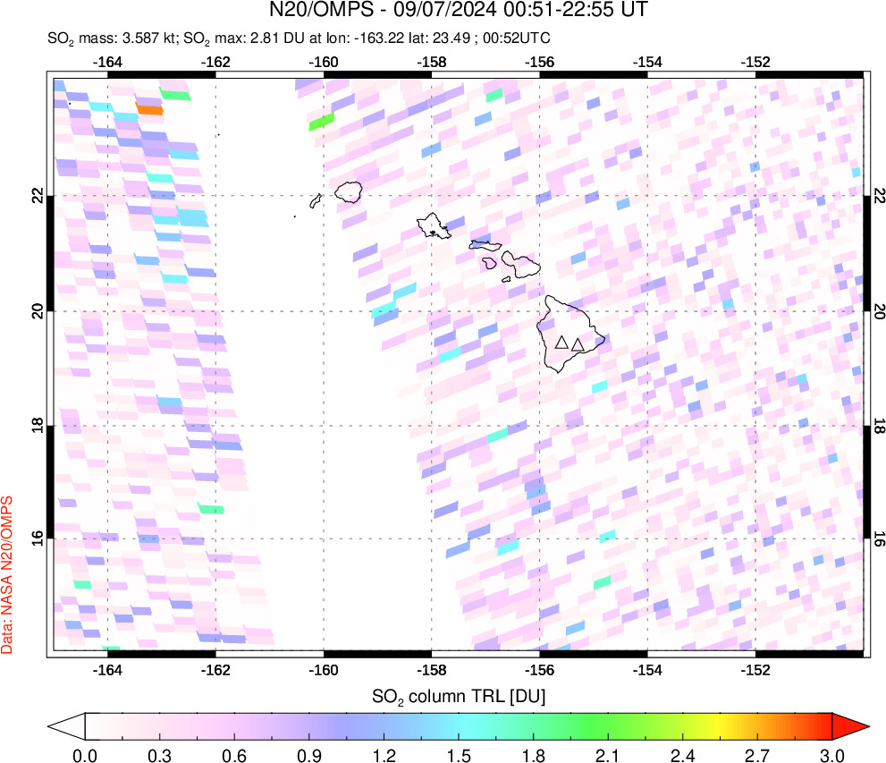 A sulfur dioxide image over Hawaii, USA on Sep 07, 2024.