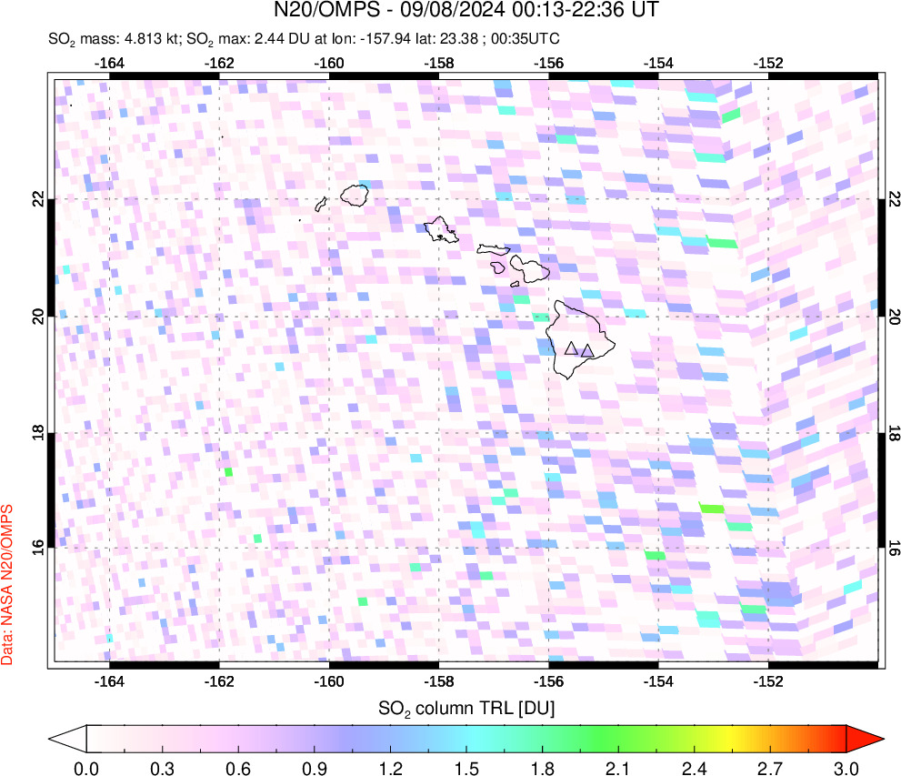 A sulfur dioxide image over Hawaii, USA on Sep 08, 2024.